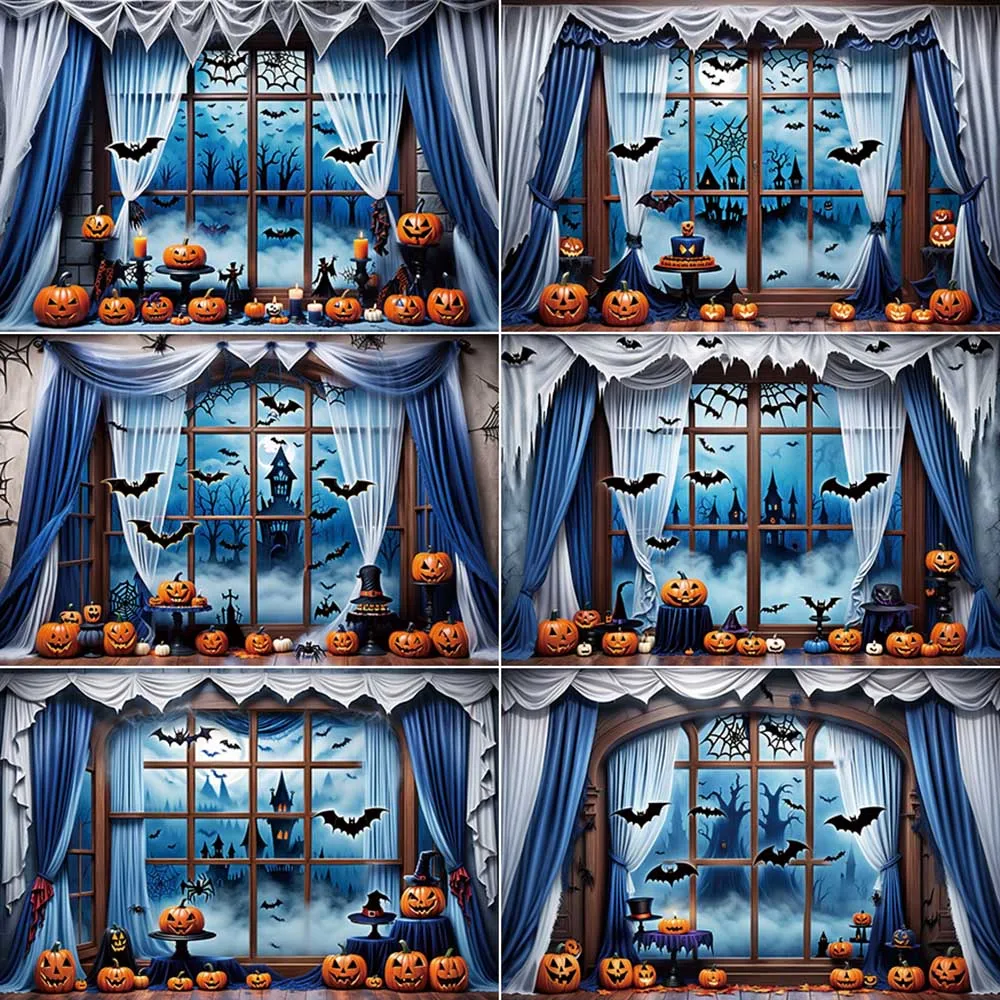 MOON.QG Halloween Blue Window Photography Backdrop Vampire Pumpkin Graveyard Photo Studio Background 2025 Photoshoot Back Drop