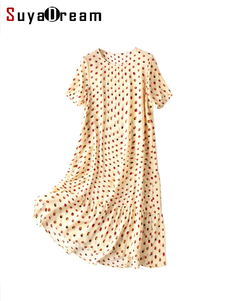 

SuyaDream Women Dots Printed Dresses 100%Silk Crepe Round Collar Mid Dress 2023 Spring Summer Holiday Clothes Beige