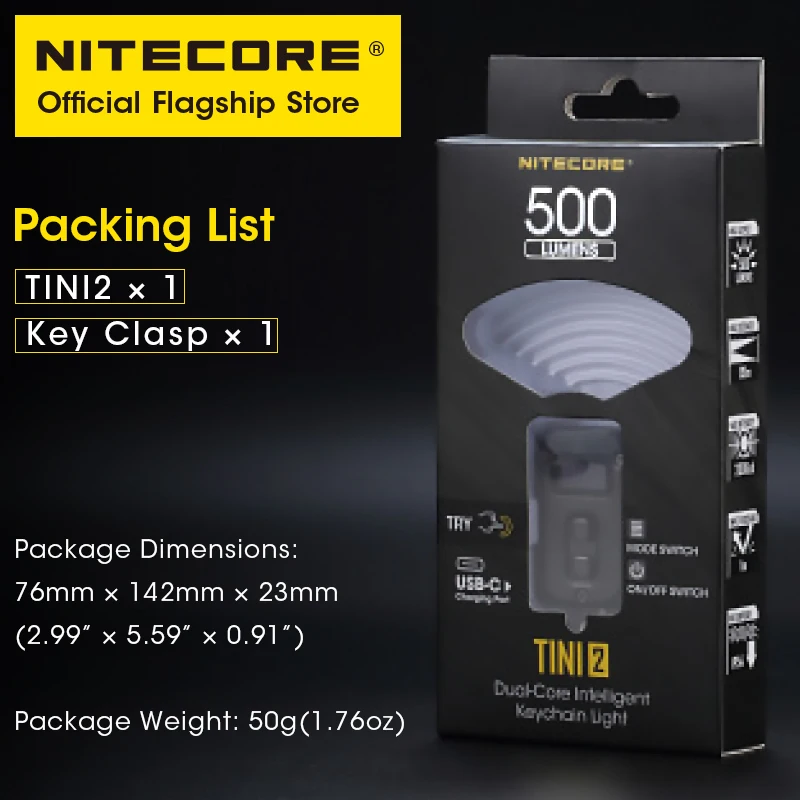 NITECORE TINI2 miniature portable keychain lamp dual-core OLED EDC portable flashlight APC Sleep Technology With Li-ion Battery