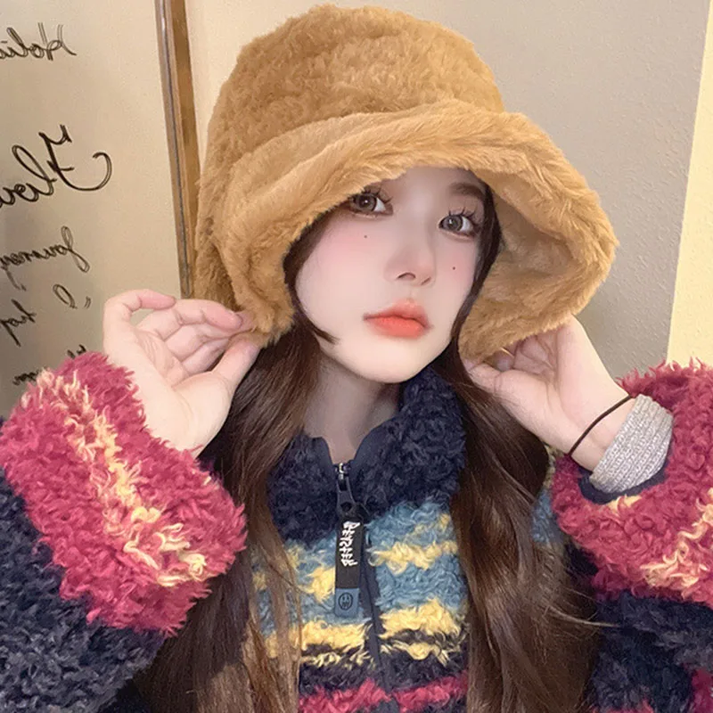 한국 패션 플러시 플러피 버킷 햇 여성용 겨울 두꺼운 인조 모피 따뜻한 어부 모자 여성용 스트리트 야외 따뜻한 파나마 모자