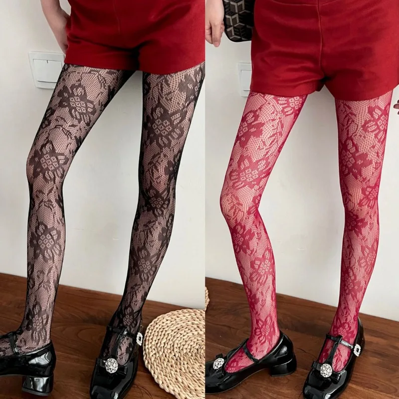Women Lolita Lace Fishnet Stockings Sexy Red Black Nightclub Striped Pattern Stockings Pantyhose Fantasy Fancy Hollow Tights