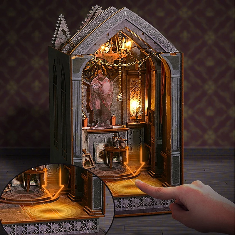 책장 세트 마이크로 조립 모델 고딕 건축 인형 집 DIY 수제 장난감 세트 성인 생일 선물을위한 조명