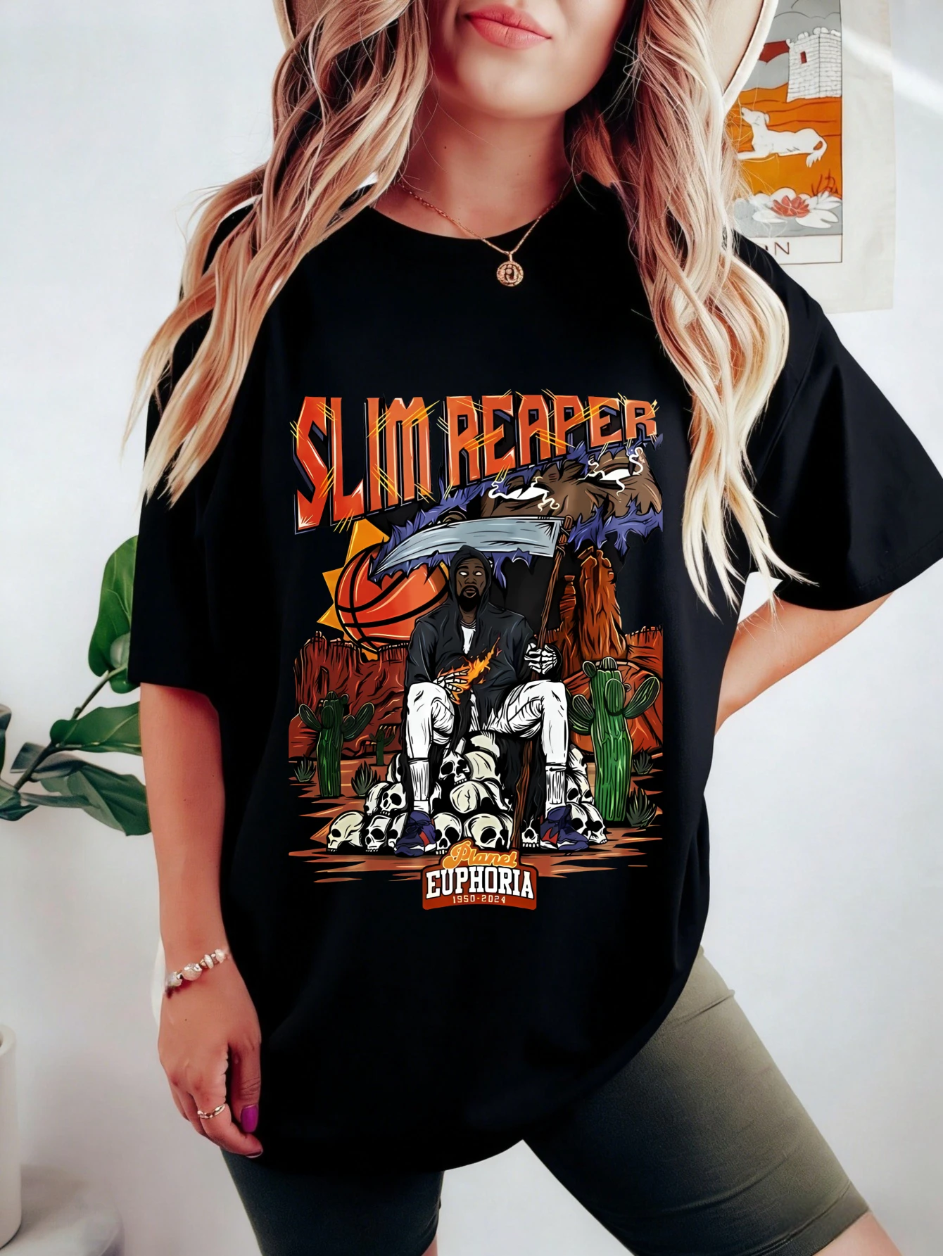 Camiseta de Verano Casual de Manga Corta con Estampado Gráfico de Slam Reaper para Mujer, Talla Grande, de Algodón