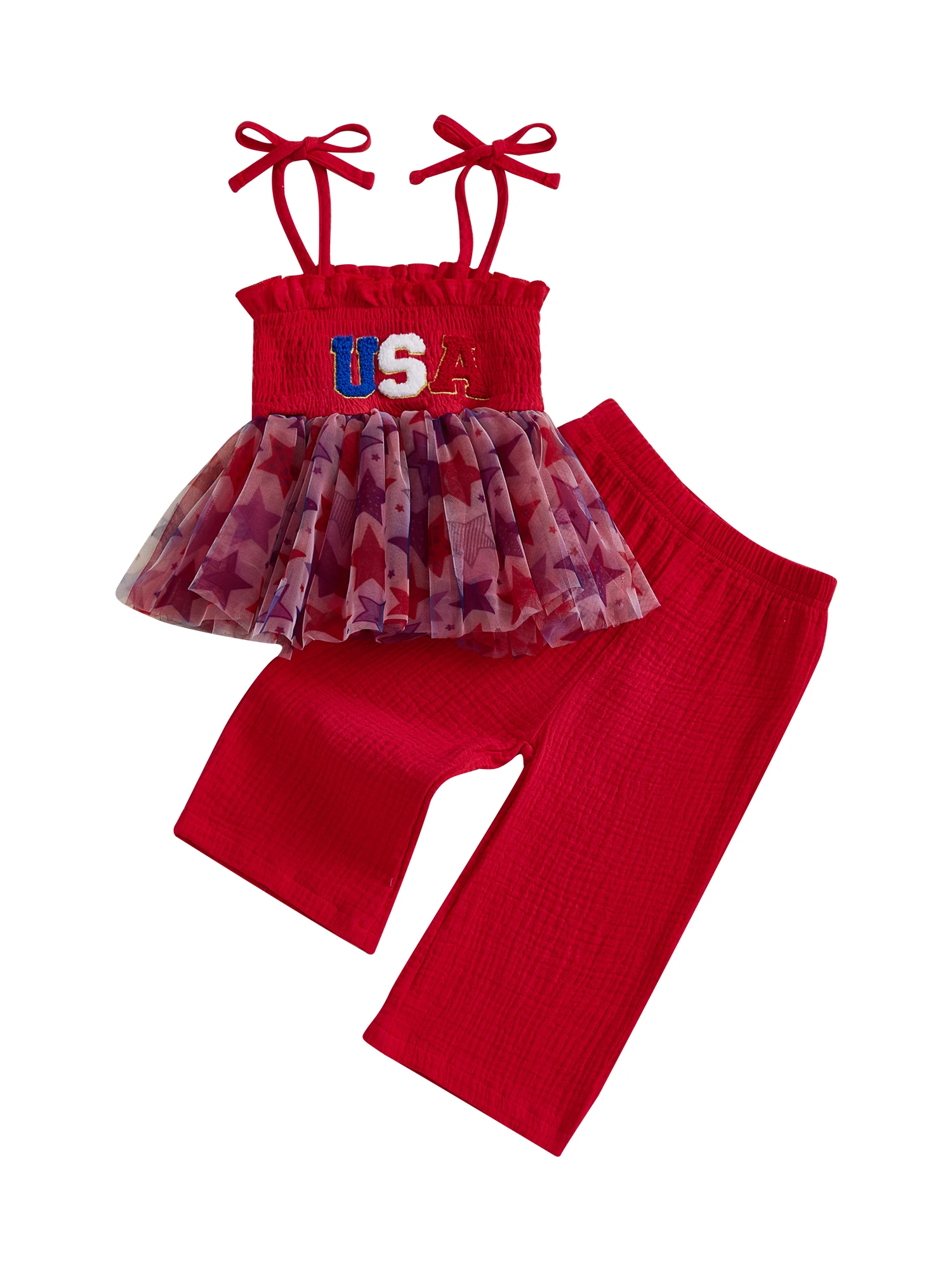独立記念日幼児女の子衣装レター刺繍チュールネクタイショルダーキャミソール無地パンツ 2 点セット 7 月 4 日用