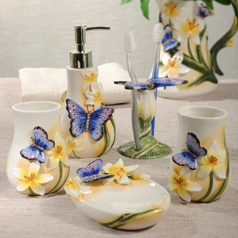 Accesorios de baño de mariposa, taza de enjuague bucal, jabonera, soporte para cepillo de dientes, botella de loción, artículos de tocador para el