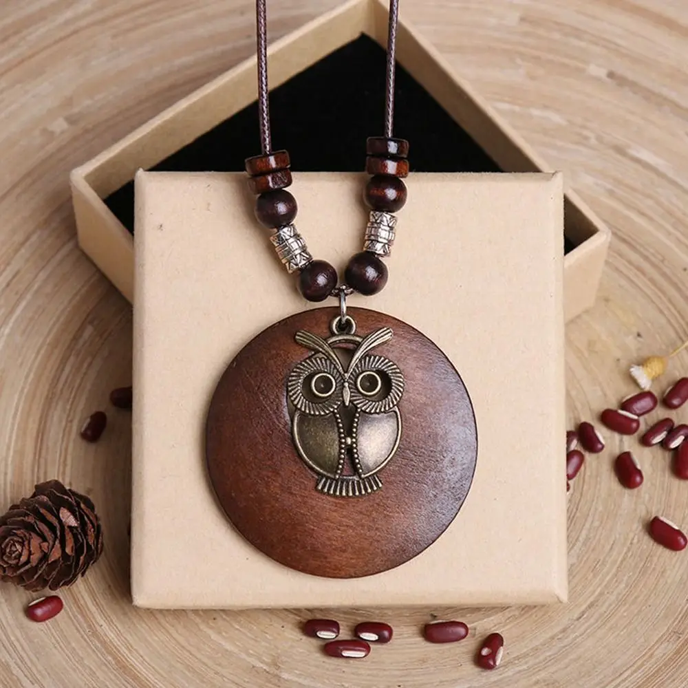 1PC Vintage Clock Pendant Retro Ethnic Round Wooden Leaf Owl Long Sweater Chain Necklace Women Girls Jewelry Collar Decoration