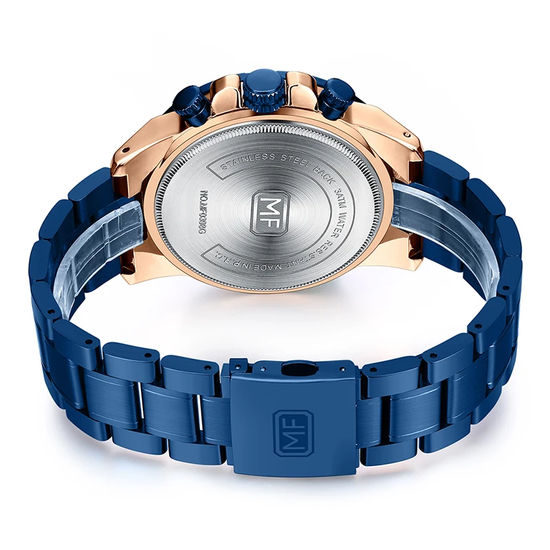 MINI FOCUS MF0398G Sports Fashion Watches Men Chronograph Waterproof Blue Stainless Steel Band Quartz Watch