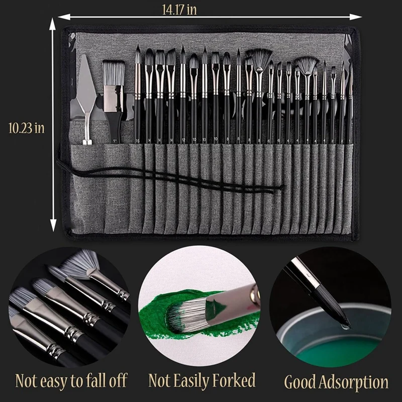 Set kuas cat 25 buah, kuas gagang kayu dengan wadah sikat kanvas, lukisan minyak profesional, akrilik dan cat air