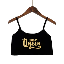 BBC Queen Gold Letter Print Womens Cotton Clothes Cute Female Sexy Sleeveless Tank Top Black Camis Backless Camisole Crop Top