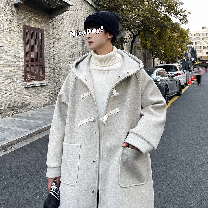

Men's Mid-Length Woolen Coat Loose Fit Autumn Winter Faion Urban Sle with Horn Buttons Warmth Guaranteed Single-Button Cl...