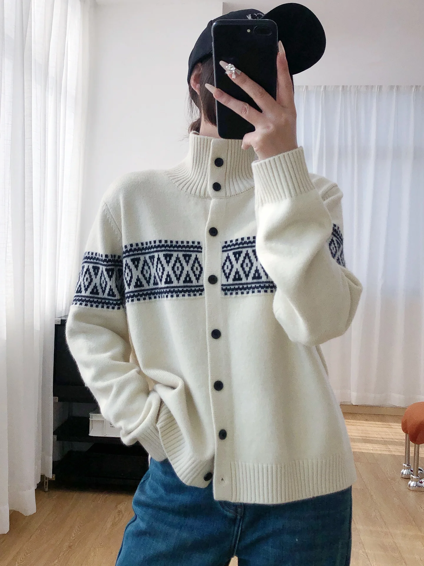 

Soft Cozy Thiened Long Sve High Collar Diamond Pattern Knitted Sweater Coat Women Autumn Winter Casual Loose Fit Knitwear