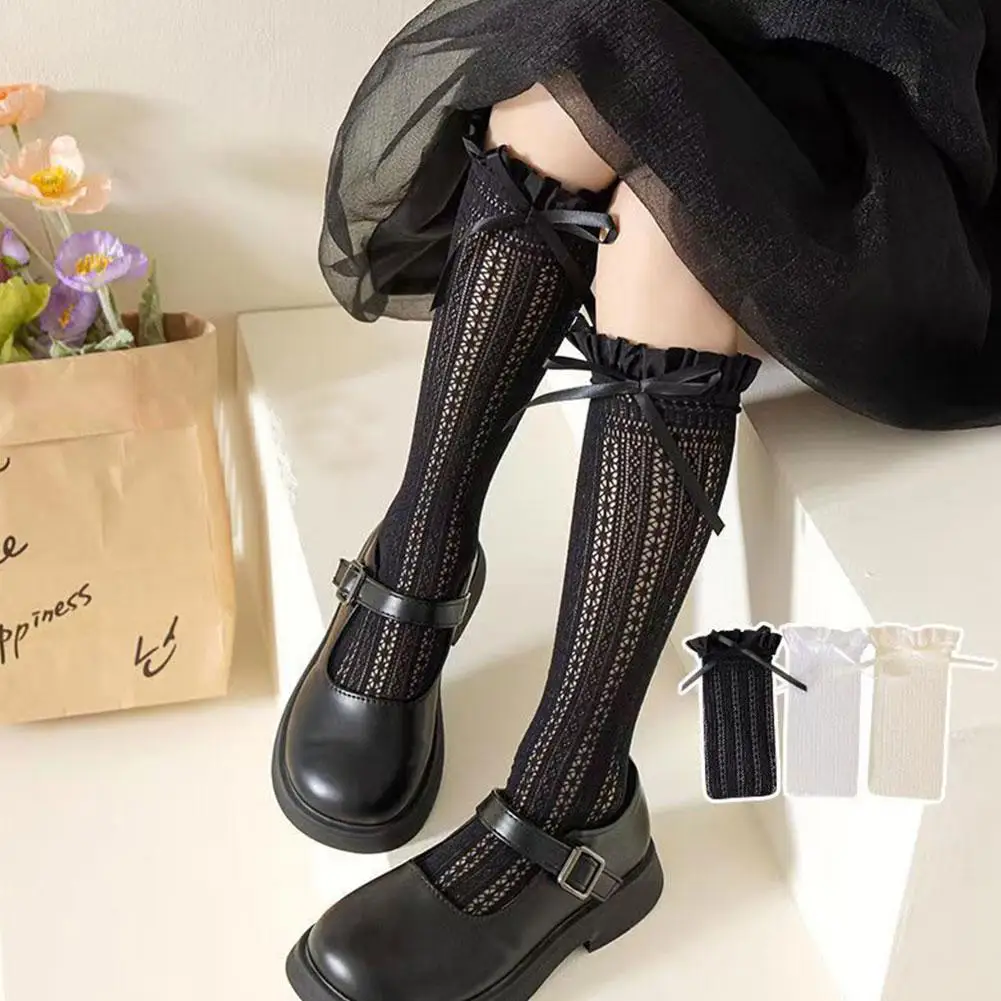 Long Tube Lace Socks Mesh Thin Breathable Mary Jane Bow Pile Pile Calf Socks Girl Ballet Fishing Net Frilly Socks Lolita Socks