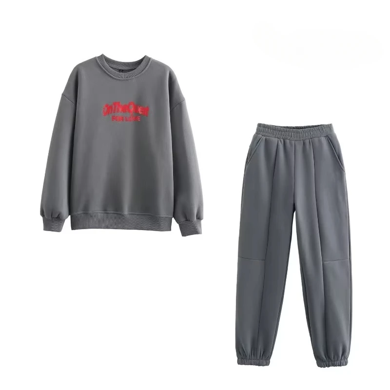 TRAF ZR Women's Set Two Pieces Autumn Outfits Y2k Outfit Set Basics Grey Pants Sets Letter Print O-neck Sweatshirt Sets