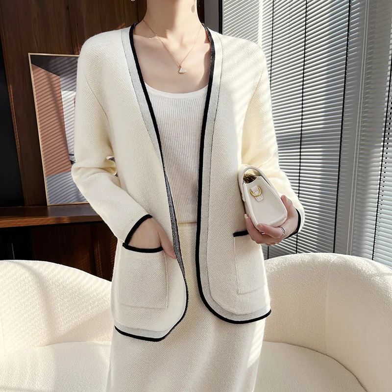 Spring and Autumn New Cashmere Set Women\'s 2023 Knitted Cardigan Sweater Half Skirt 100% Pure Wool Loose Fashion Two Piece Set