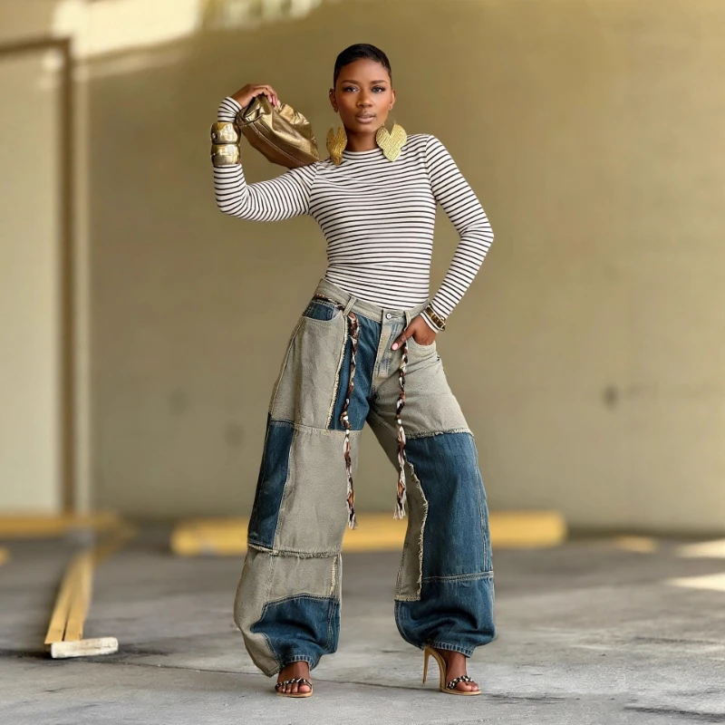 Women Denim Pant Vintage Jeans Wide Leg Long Pants Loose Mid Waist Trousers Patchwork Lace Up Belt Y2k Streetwear Splice Casual