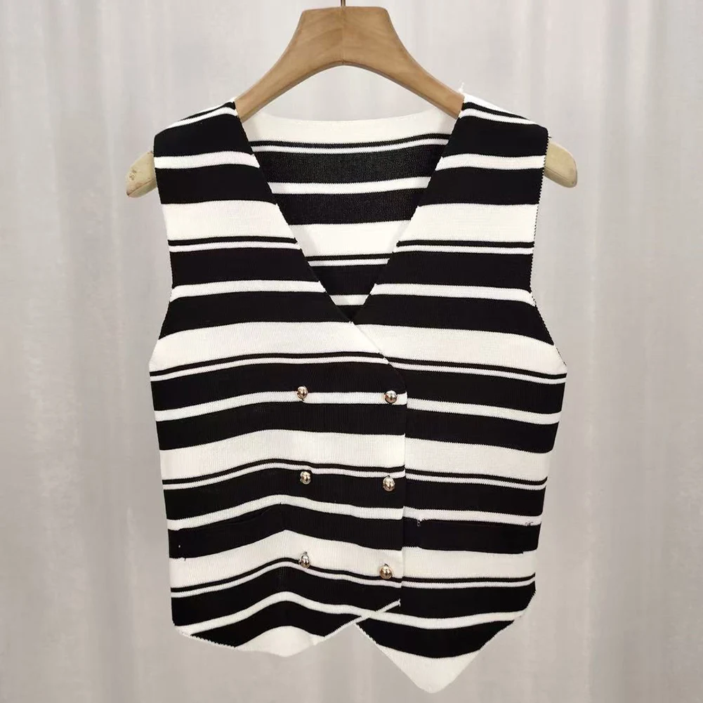 Women Tanks Knitted Stripe Vest Crop Top Double-breasted Tunic Sexy Y2k Camisole  Simple Casual Fashion Female Waistcoat
