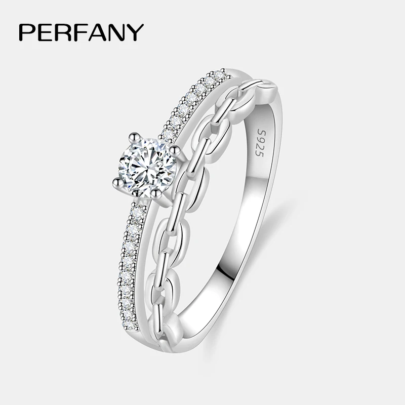 PERFANY 0.39CT All Moissanite Rings Women S925 Pure Silver Chain Double Layer Laboratory Diamond Luxury Party Jewelry