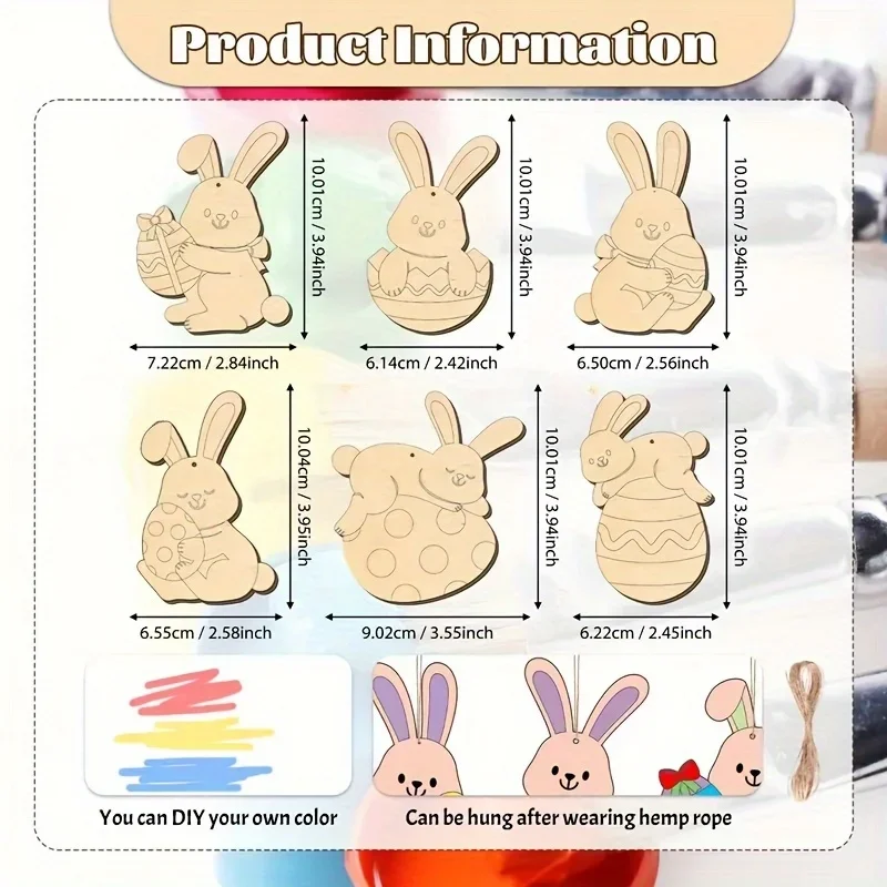 Easter Bunny & Egg Wooden Hanging Decorations- DIY Paint-Your-Own Craft Set with Twine,Colorful Blank Wood Chips for Party Decor