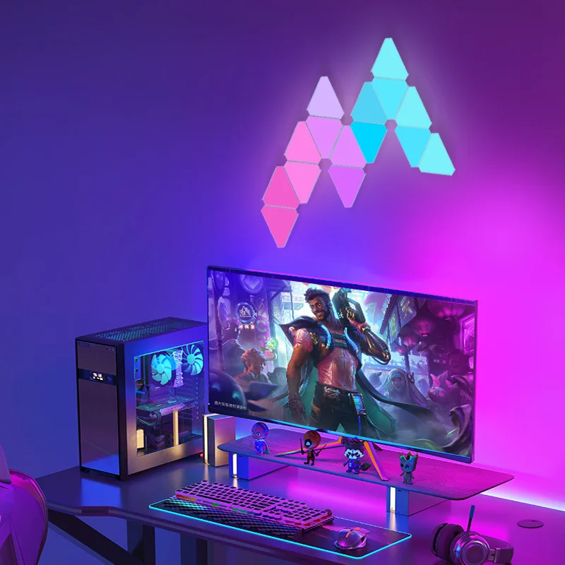 Painéis de luz quântica de emenda triangular - luz ambiente inteligente para jogos WiFi RGB para decoração de casa de fundo de TV