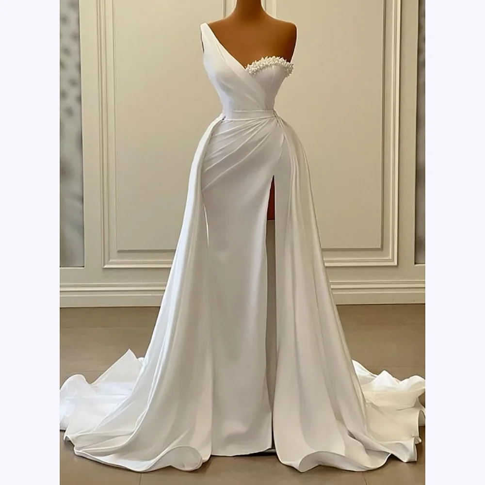 

White Satin Wedding Dresses Luxury 2025 Elegant Pearls One Shoulder Tiered Bride Dress Formal Occasion Wedding Gown Customized