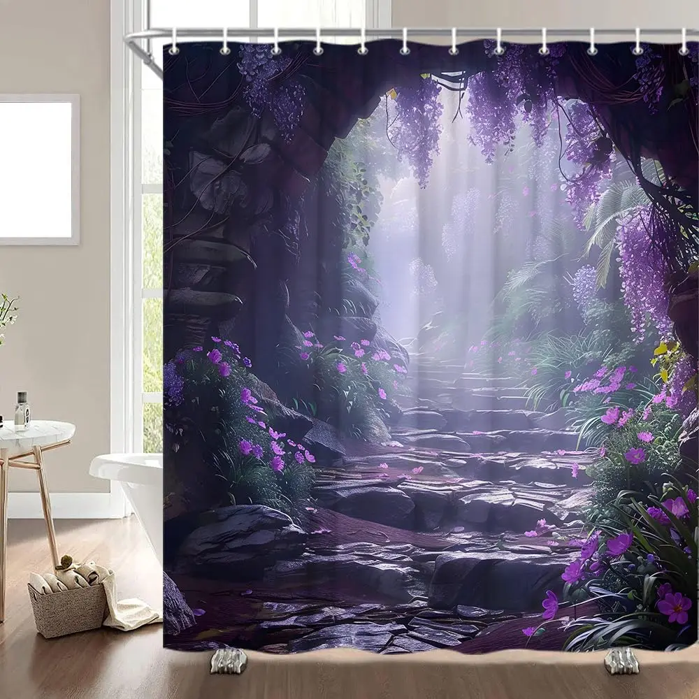 

Misty Forest Shower Curtain Purple Floral Foggy Mountain Wisteria Plant Fantasy Spring Garden Green Plants Nature Landscape