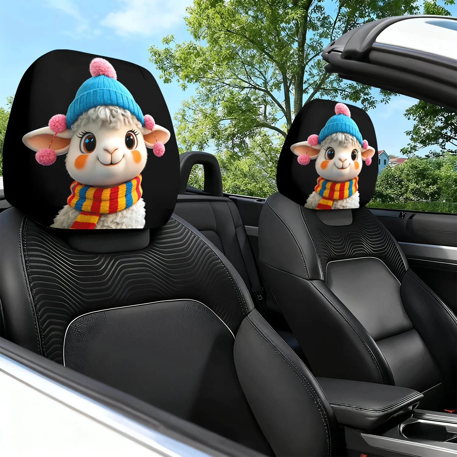 2pcs Warm Winter: Cute Alpaca'S Cute Outfit Theme Print Car Seat Cushion Headrest Neck Pillow Cover - with Cute Design - Car I