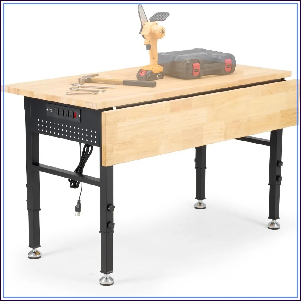 48x32In Rubberwood Workbench Adjustable Height Workshop Garage Office Home