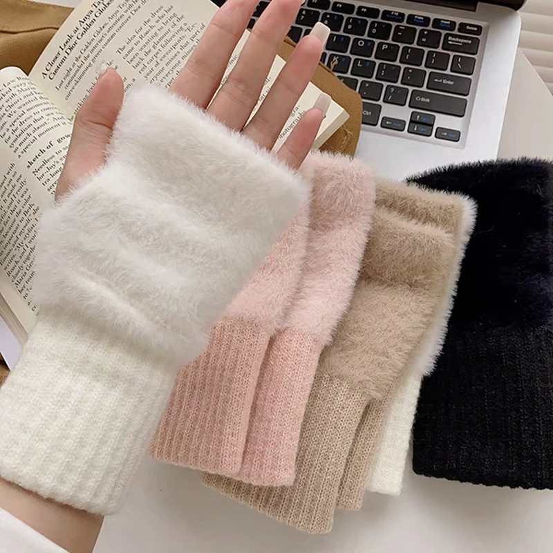 H.Aic S Winter Mink Fleece Soft Gloves Women Luxury Solid Warm Fingerless Gloves White Plush Knitted Wrist Mittens