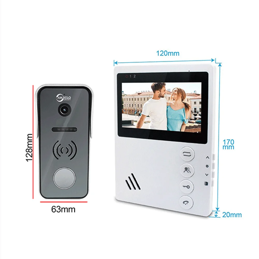 Anjielo sistema de campainha de vídeo de 4 fios de 4,3 polegadas com desbloqueio de cartão magnético e câmera AHD visão noturna e lente grande angular