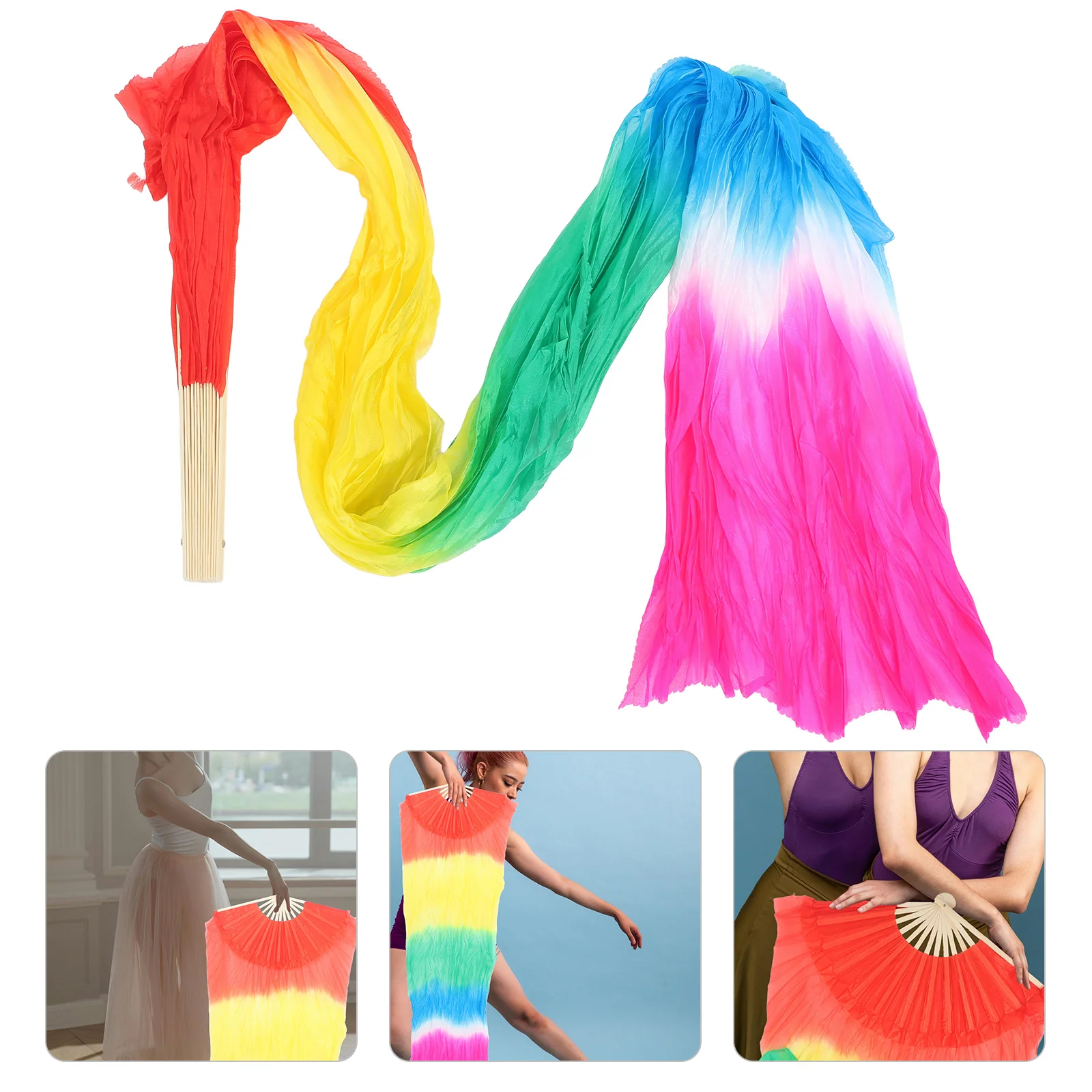

Silk Belly Dance Long Folding Fan Veil Colorful Lightweight Fan for Belly Dance Yangko Folk Stage Performance