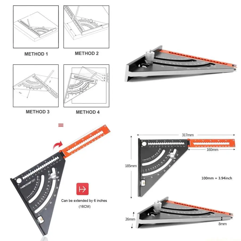 Woodworking Scale Ruler Multifunctional Metric Inch Ruler Aluminum Alloy for Triangle Square Ruler