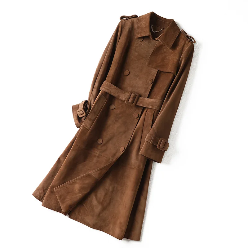 2023 Women Long Classic Coat Cowhide Frosted Suede Top Layer Genuine Leather Trench E50