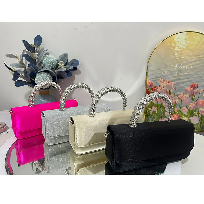 

Fashion Satin Silk Evening Bags for Women Luxury Crystal Handle Women Handbag Diamond Shoulder Crossbody Bag Party Clutch Ladies