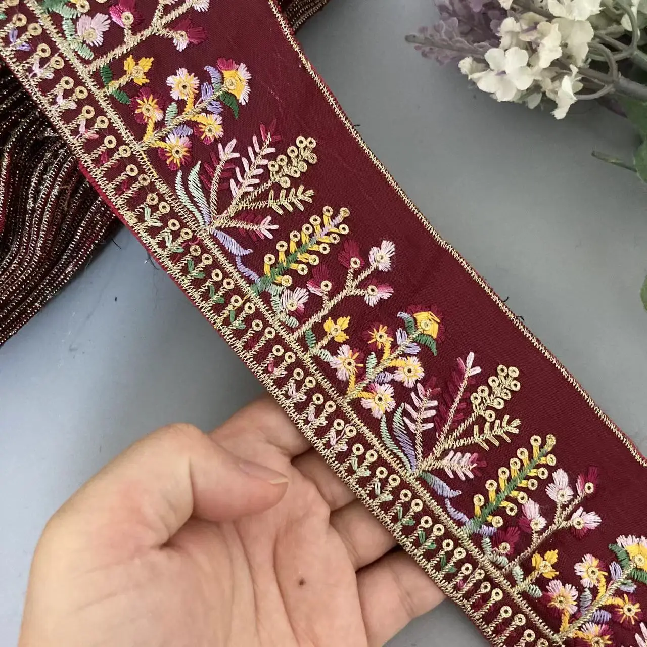 1 Yard Dull Red 6.5cm Embroidery Lace Ribbon Trims Sewing Diy Vintage Ethnic Style Flower Sequin Dress Skirt Accessories Webbing