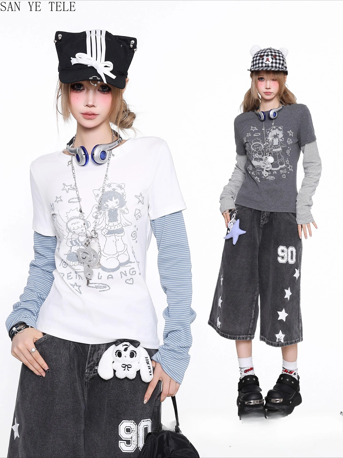 Splicing Striped Long Sleeved Cute T-shirts Women Fake Two Piece Y2k Cartoon Character Pattern Design Casual Crew Nec Top