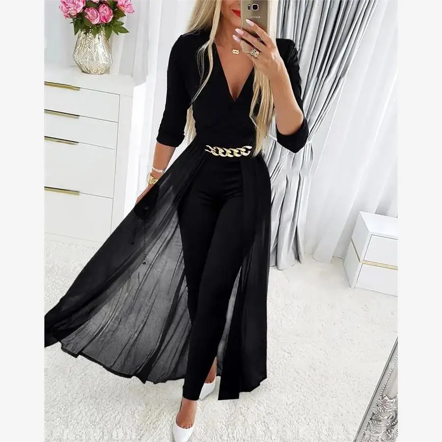 Street Style High Waist Long Pants Jumpsuit V-Neck Chain Decor Sheer Mesh Overlay Polyester Fabric Women's Fashion Spring Col...