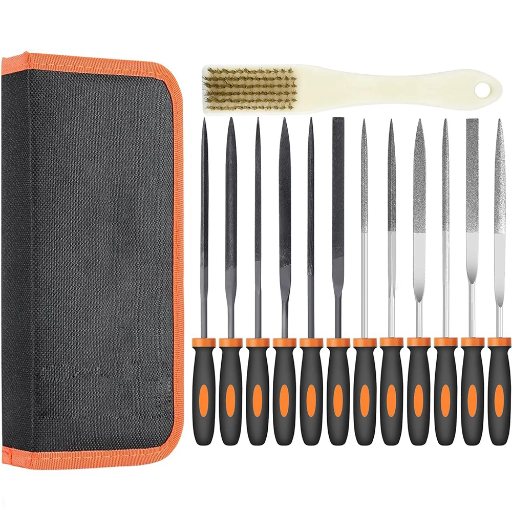 12Pcs Premium Drop Forged Alloy Steel & Diamond File Set with Cleaning Brush & Carrying Case for Wood & Metal Work DIY