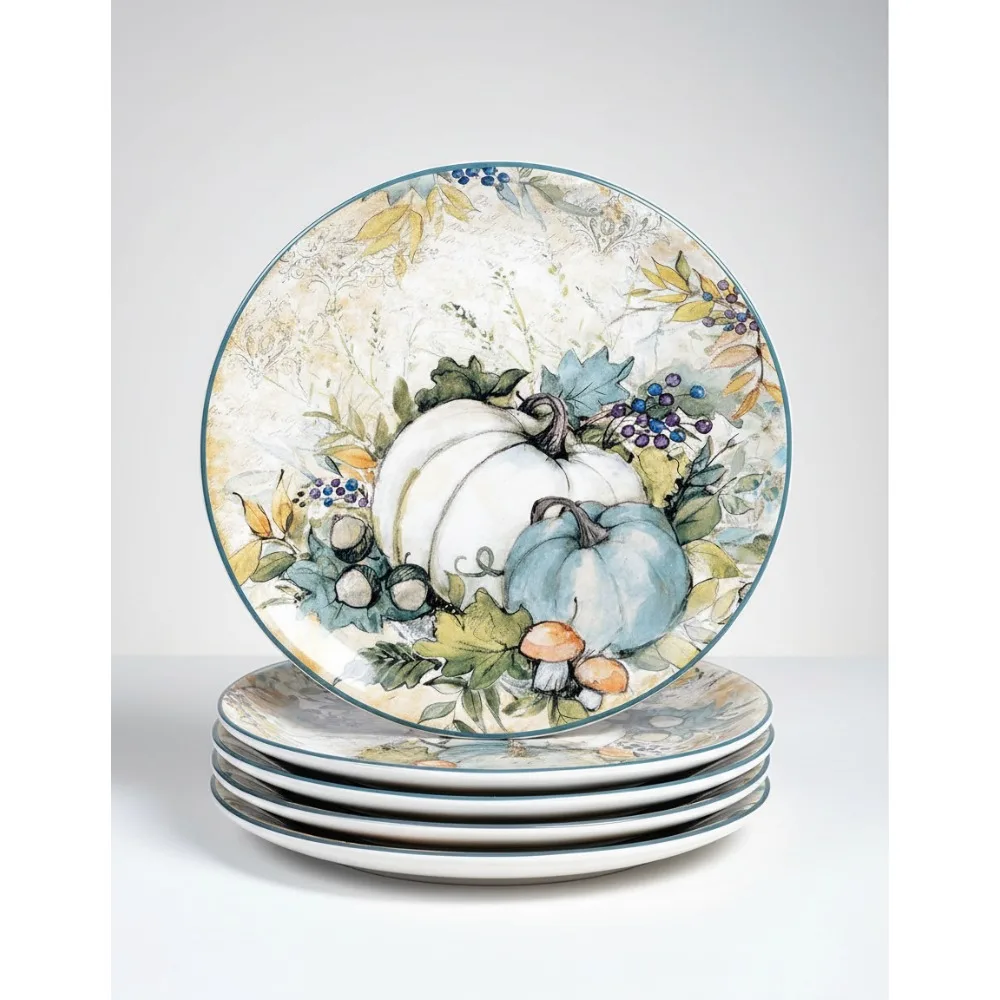 

9 Inch Autumn Ceramic Plates Set of 4, Multicolor Pumpkin Design for Fall Dining & Decor