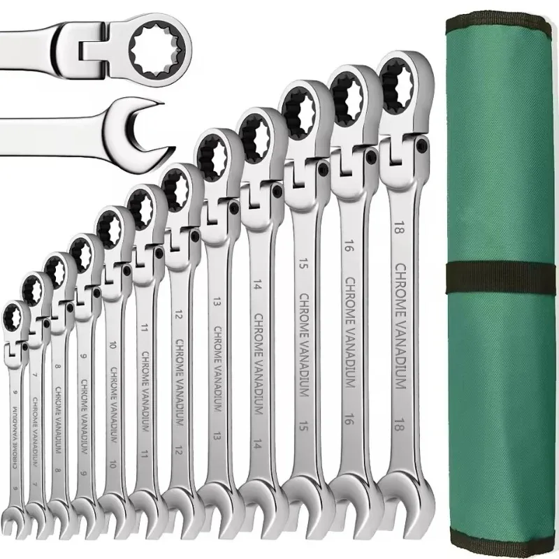 Ratchet Combination Wrench Set 6-32mm Gear Ring Ratcheting Combination Wrench Kit Metric Flexible Head with Canvas Bag Tools Set view 3