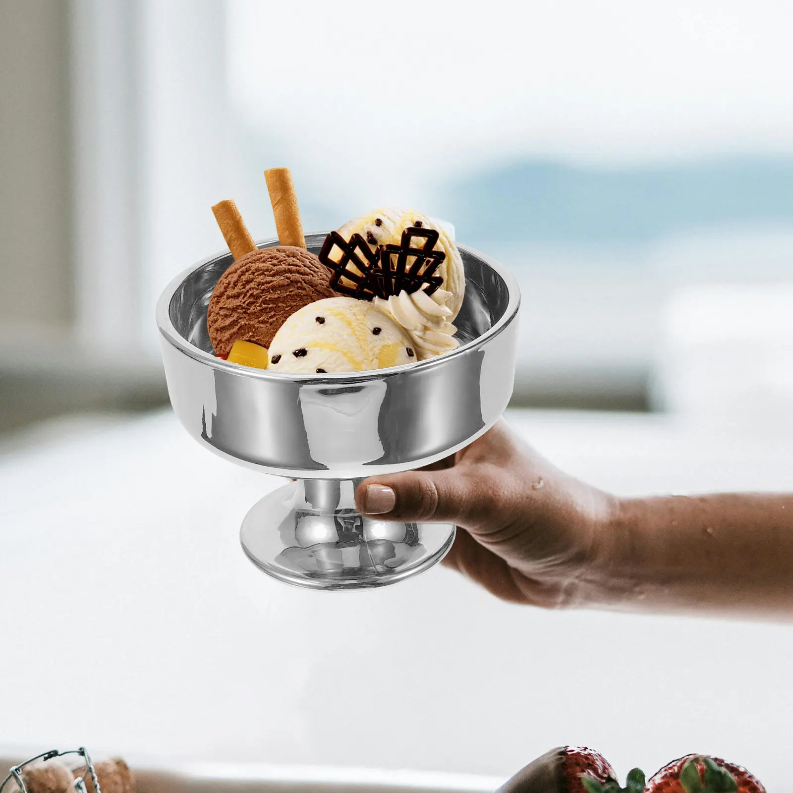 Stainless Steel Ice Cream Cup Tall Base Multi-Use Dessert Bowl Yogurt Pudding Container Decorative Snack Holder for Restaurant - Detail 1