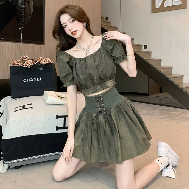 Sexy One Shoulder Bubble Sleeve Top for Women's Summer New Style Sweet and Spicy Girl Strap Half Skirt Two Piece Set