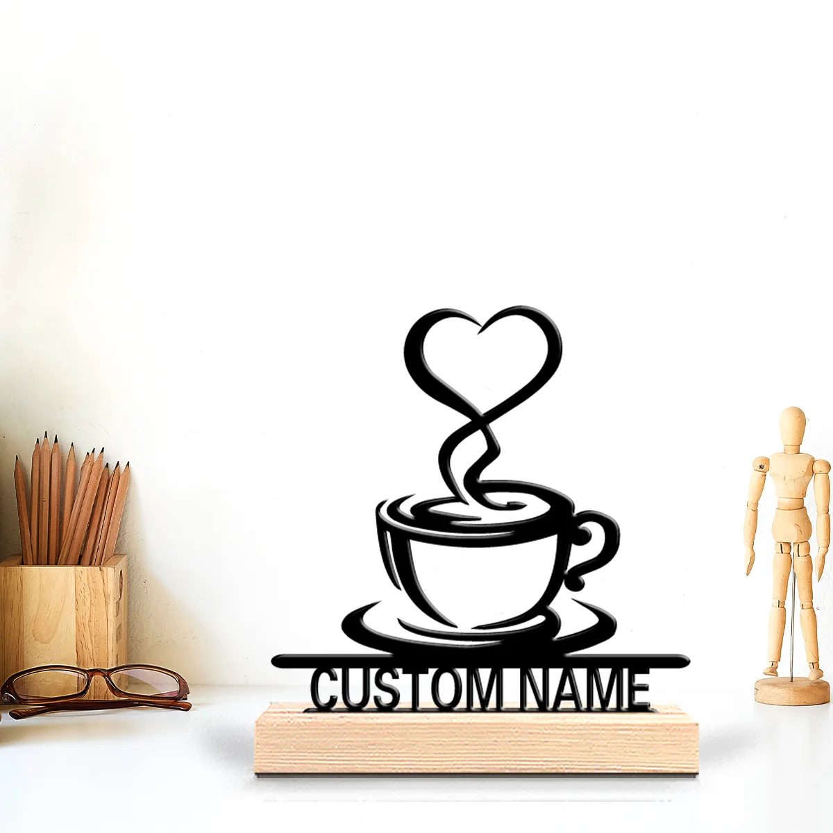 1pc Thriller Personalized Custom Love Coffee Cup Metal Statues Vintage Gift With Wooden Stand, Suitable For Office, Bedroom, De