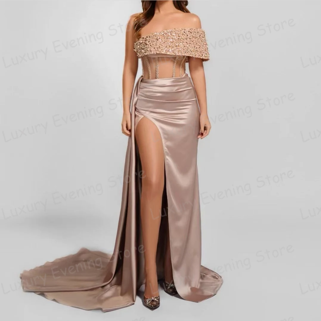 Luxury Evening Dresses Glitter Mermaid Woman's One Shoulder Sleeveless Sexy Hollow High Split Prom Gowns 2024 Vestidos De Fiesta