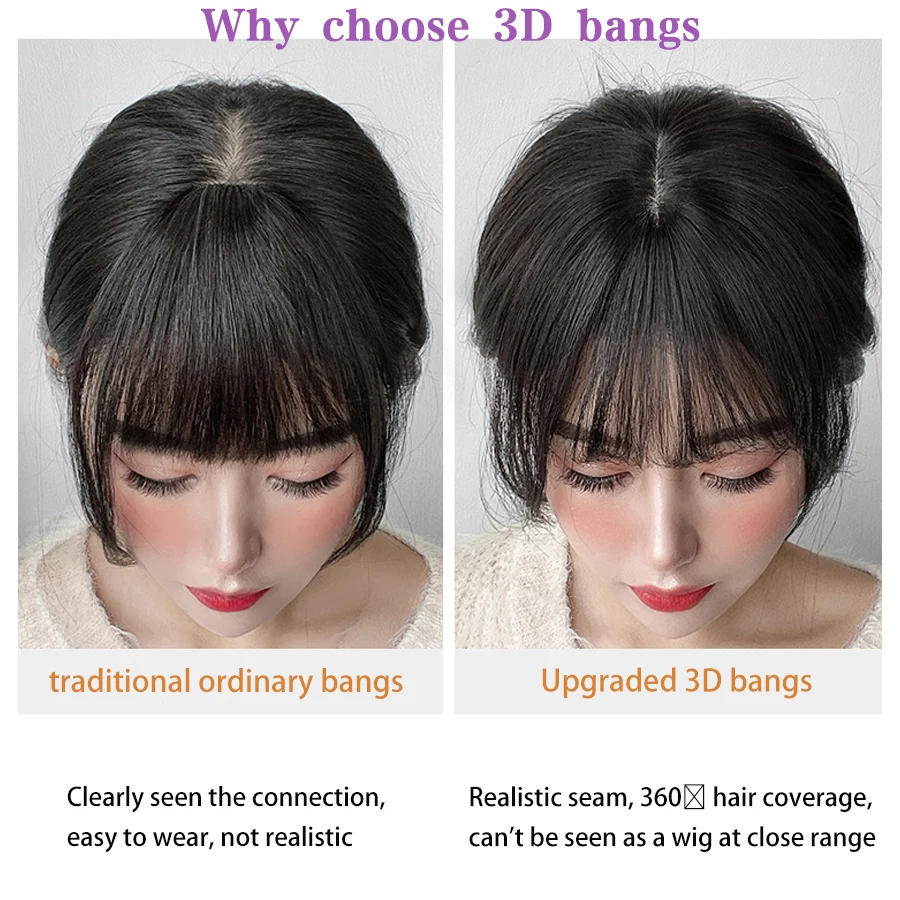 LANLAN 3D Middle-part French Bangs Hair Extension Clip in the Front Side Synthetic Fiber Air Bangs Hairpiece Hair Extension.