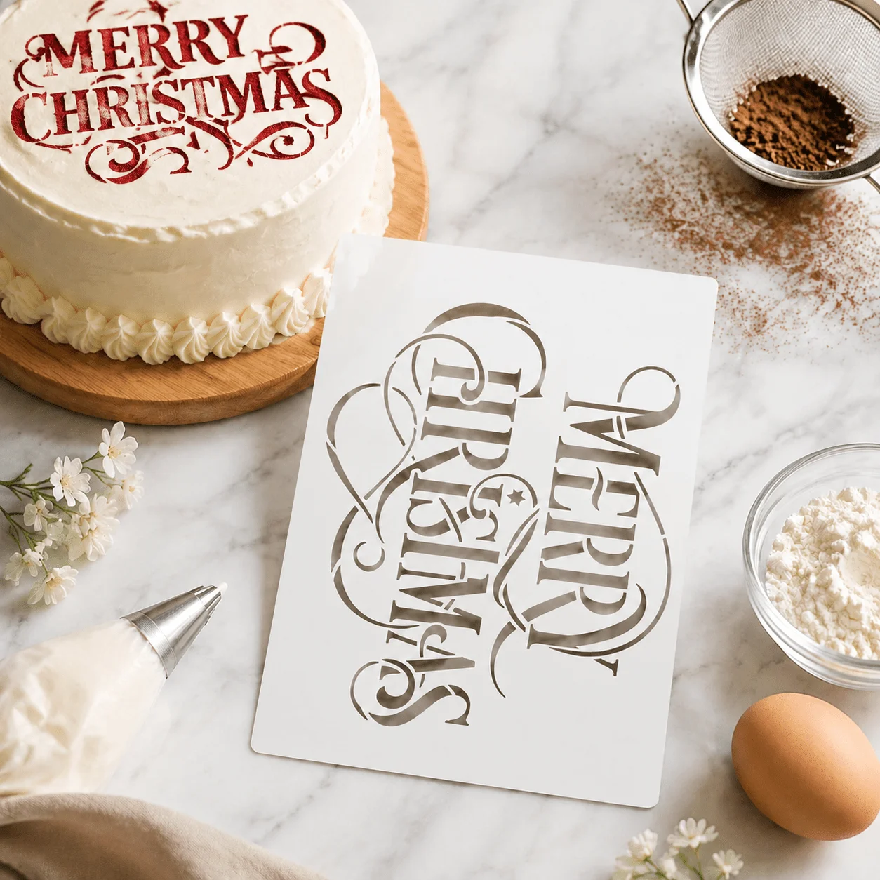 Vintage Merry Christmas Letter Cake Stencil Food Grade PET Template for Cake Cookie Fondant Decor
