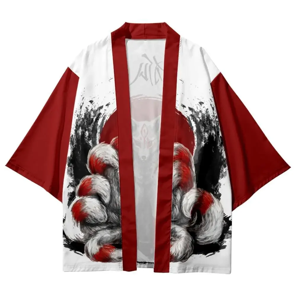 Summer Cartoon Nine Tailed Fox Printed Kimono Cropped Pants Set Women Men Japanese Haori Streetwear Cardigan Yukata Cosplay