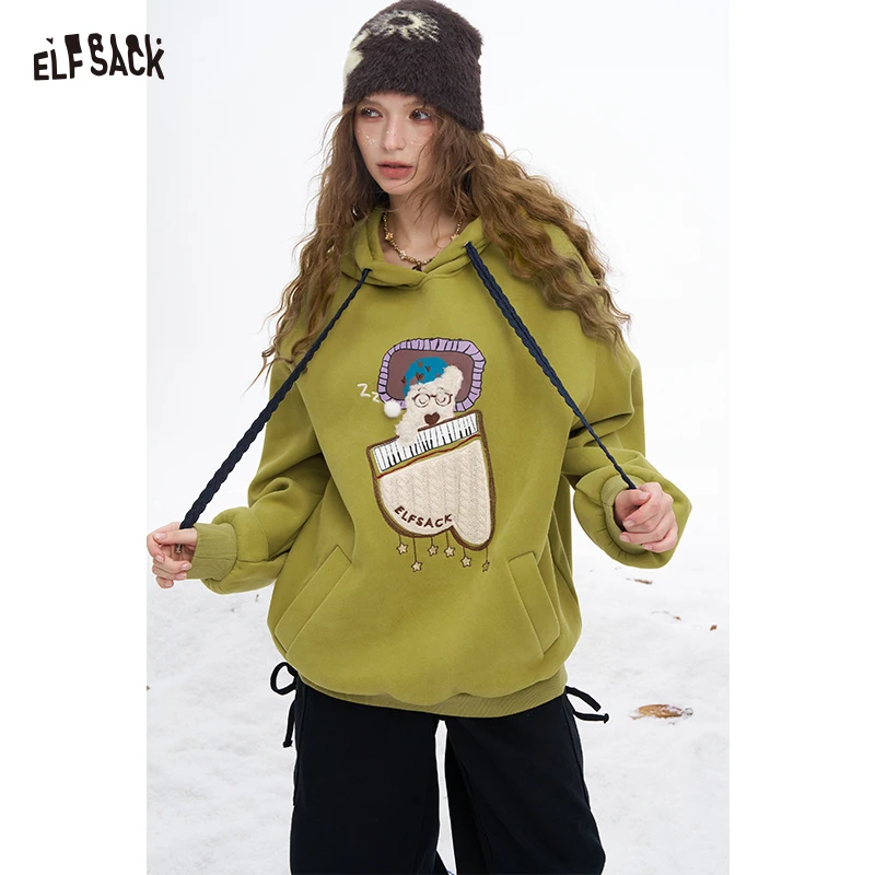 Elfsack 2025 inverno recém chegados y2k preppy minimalista casual dormir cão gráfico moletom com capuz para mulher