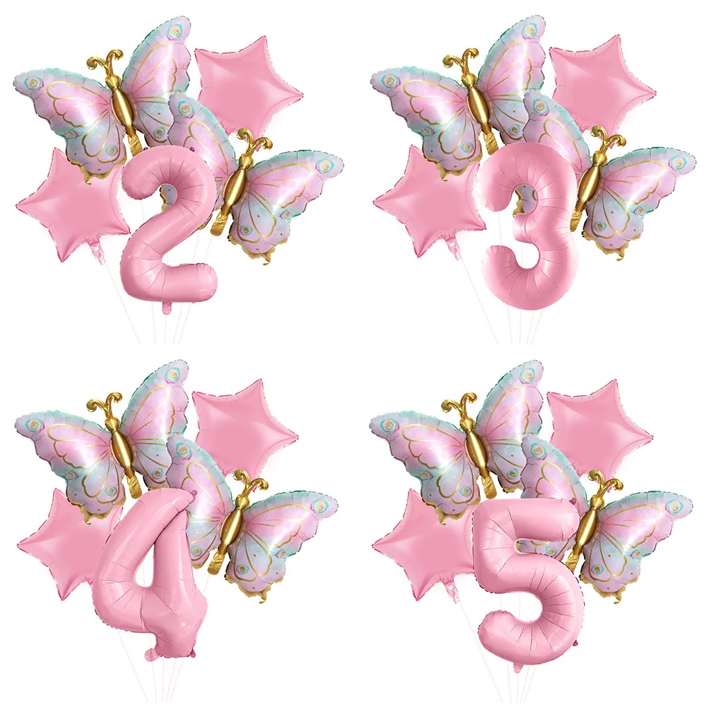 7-teiliges Rosa Zahlenballon-Set mit Schmetterlingen und Sternen, 32 Zoll Folienballons mit Zahlen 1-9 für Geburtstagsdekoration und Babyparty