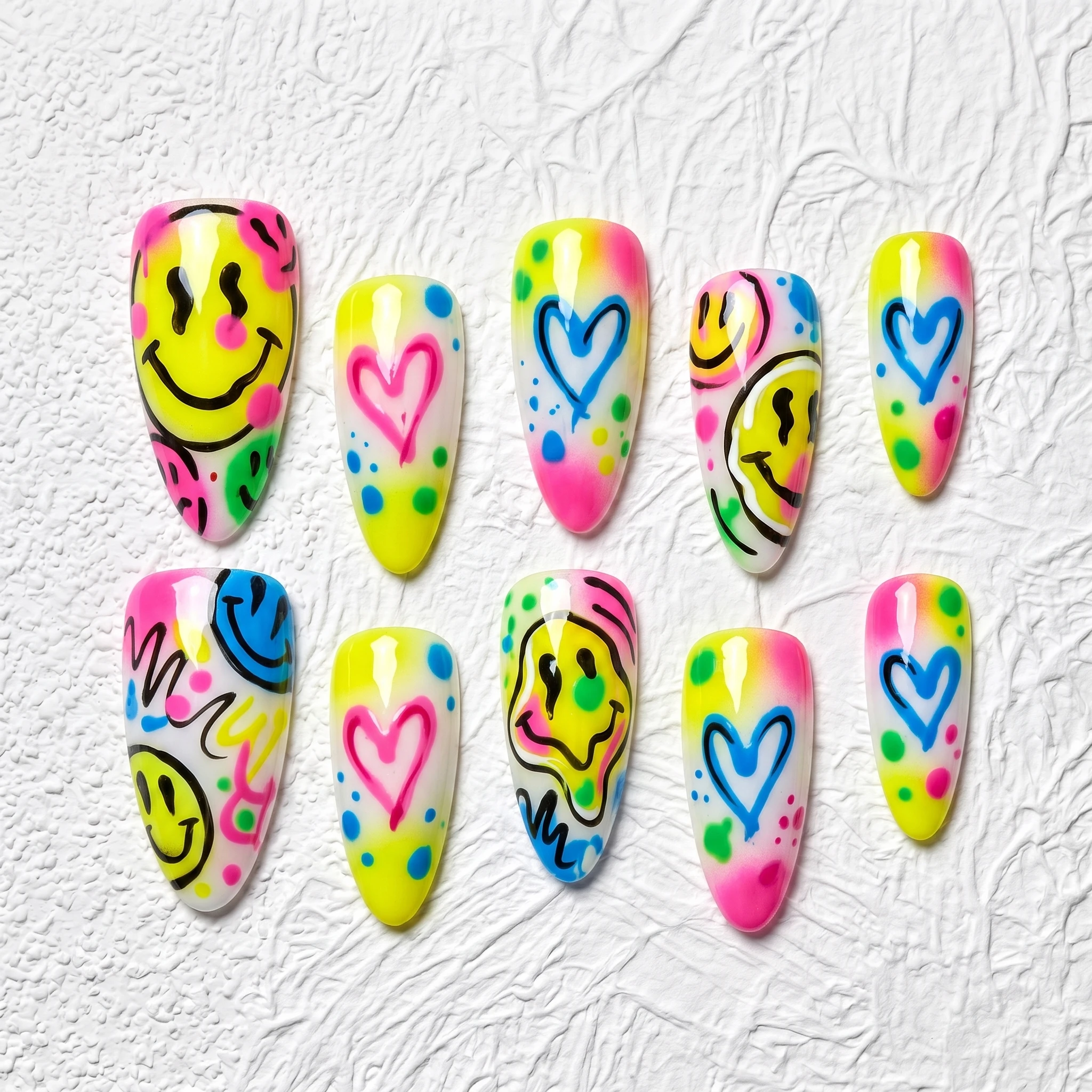 Artisan Handcrafted 10PCS Playful Stiletto Press-On Nails | Smiley Hearts, Color Blends, Dripped Edges, Party Wear Salon Finish