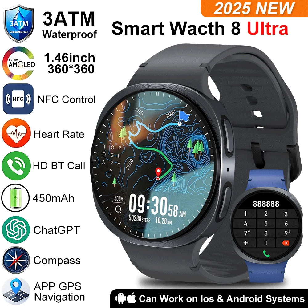 

Новые оригинальные умные часы 8 для мужчин GPS Track NFC Bluetooth Call 40 мм AMOLED Фитнес Спортивный трекер Здоровье Смарт-часы для Android Ios